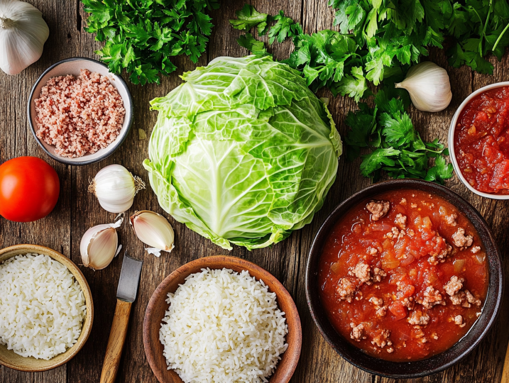 Key ingredients for Polish stuffed cabbage including cabbage, ground meat, rice, onions, garlic, and a bowl of tomato sauce displayed on a wooden countertop.