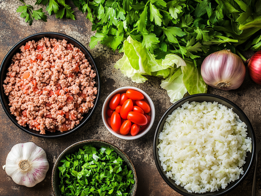 Flat lay of ground turkey, chopped cabbage, rice, diced tomatoes, onions, and garlic arranged neatly on a kitchen counter.