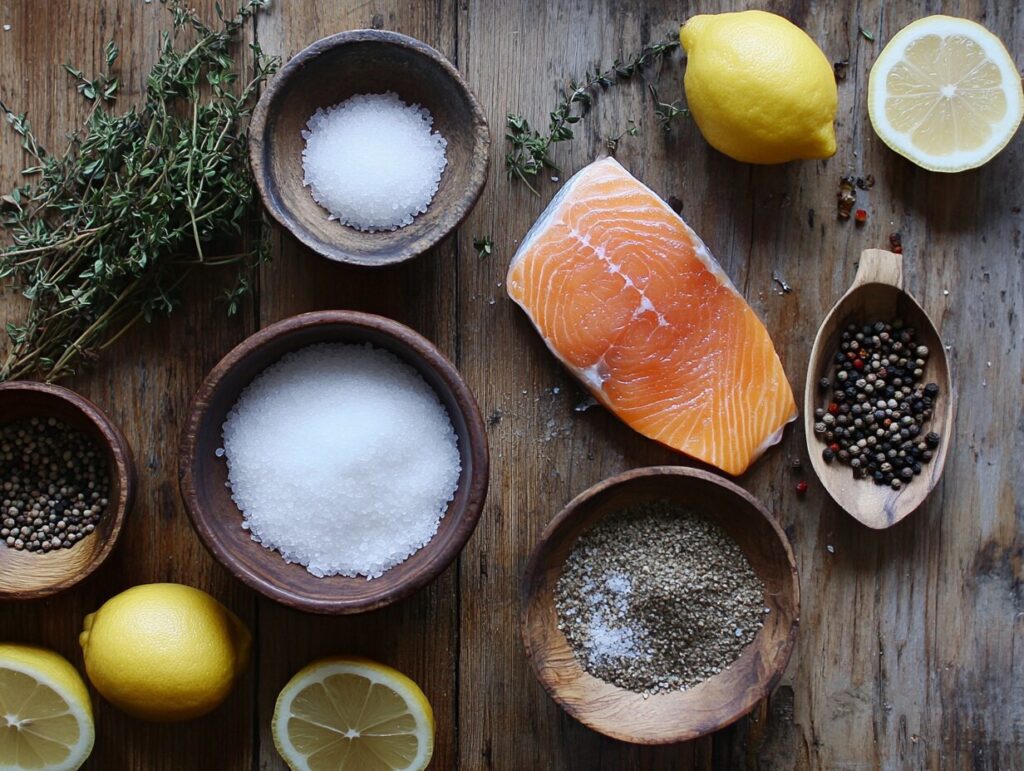 Smoked salmon brine recipe ingredients displayed on a wooden table