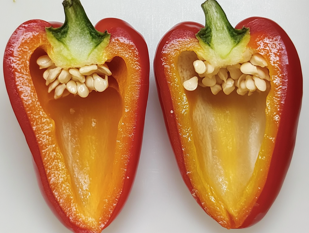 A sliced serrano pepper next to a sliced jalapeño pepper, showing their seeds and membranes.