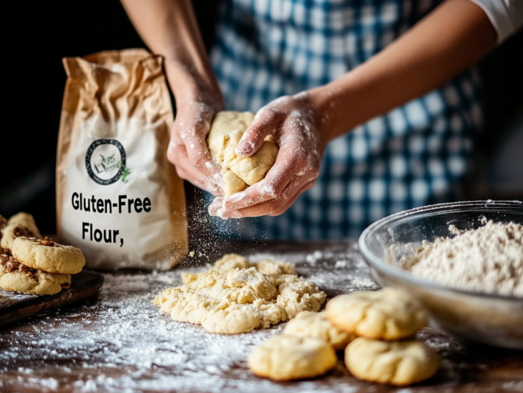 A person kneading gluten-free dough on a floured surface with a mixing bowl and baked cookies in the background.