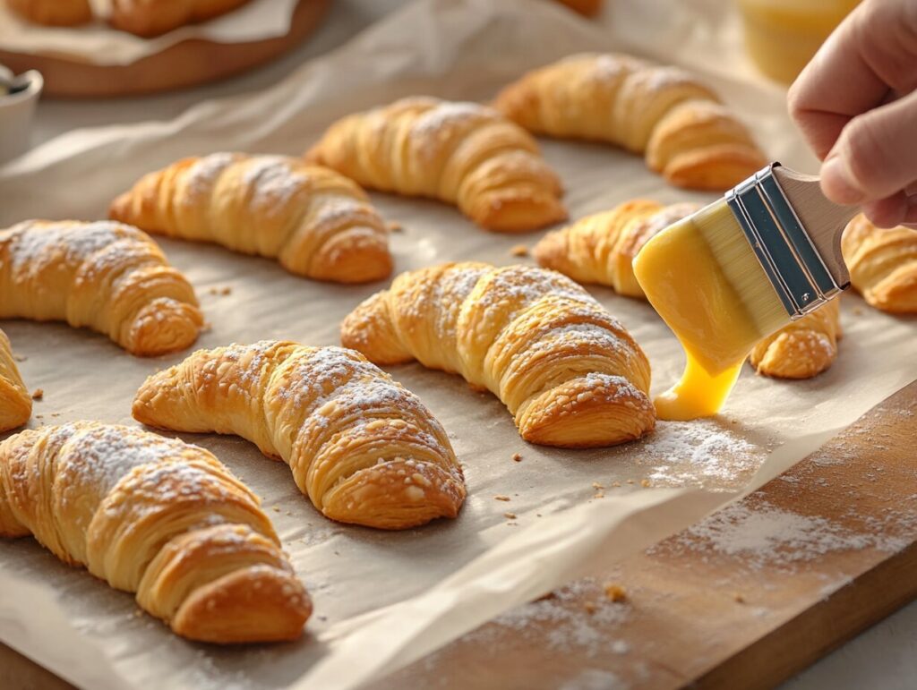 Freshly baked Mandelgipfel pastries on a baking tray lined with parchment paper, dusted with powdered sugar, with a hand applying egg wash to one of the crescents.