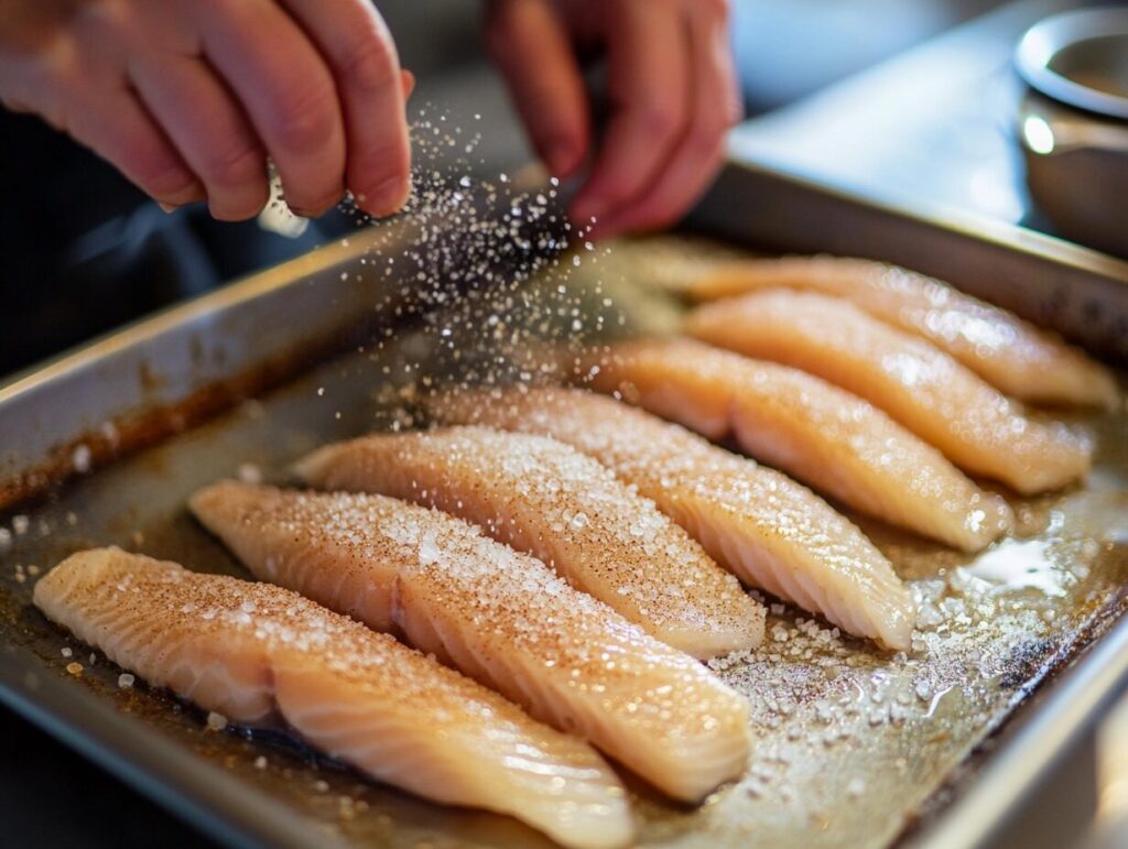 Hands mixing salt and brown sugar in a bowl and sprinkling it over fish fillets on a metal tray