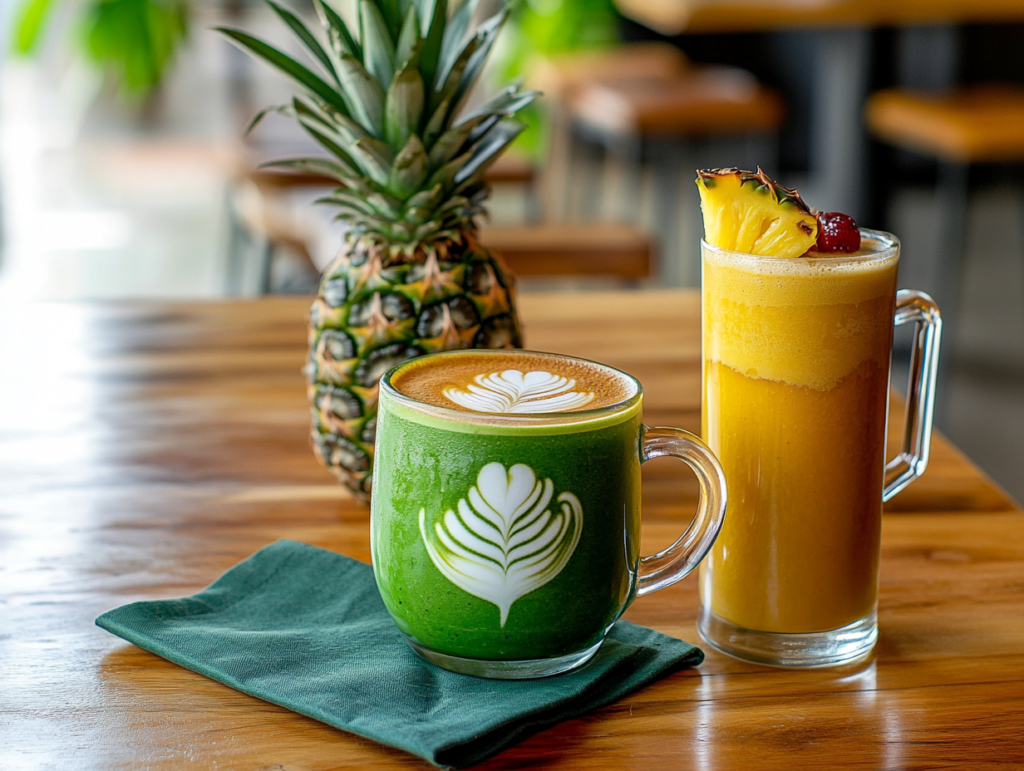 A modern Colombian cafe table featuring a latte, a green smoothie, and tropical fruit juice, showcasing modern breakfast beverage trends.