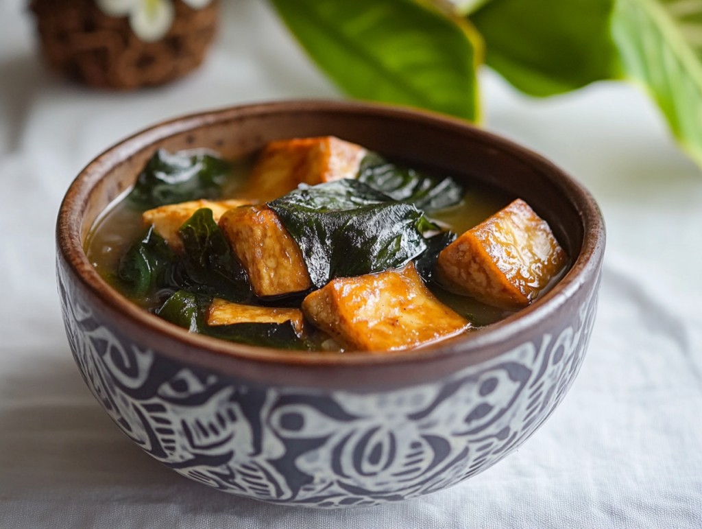 A contemporary version of luau stew with a vibrant presentation, featuring taro leaves, tofu, and a creamy coconut milk broth in a ceramic bowl.