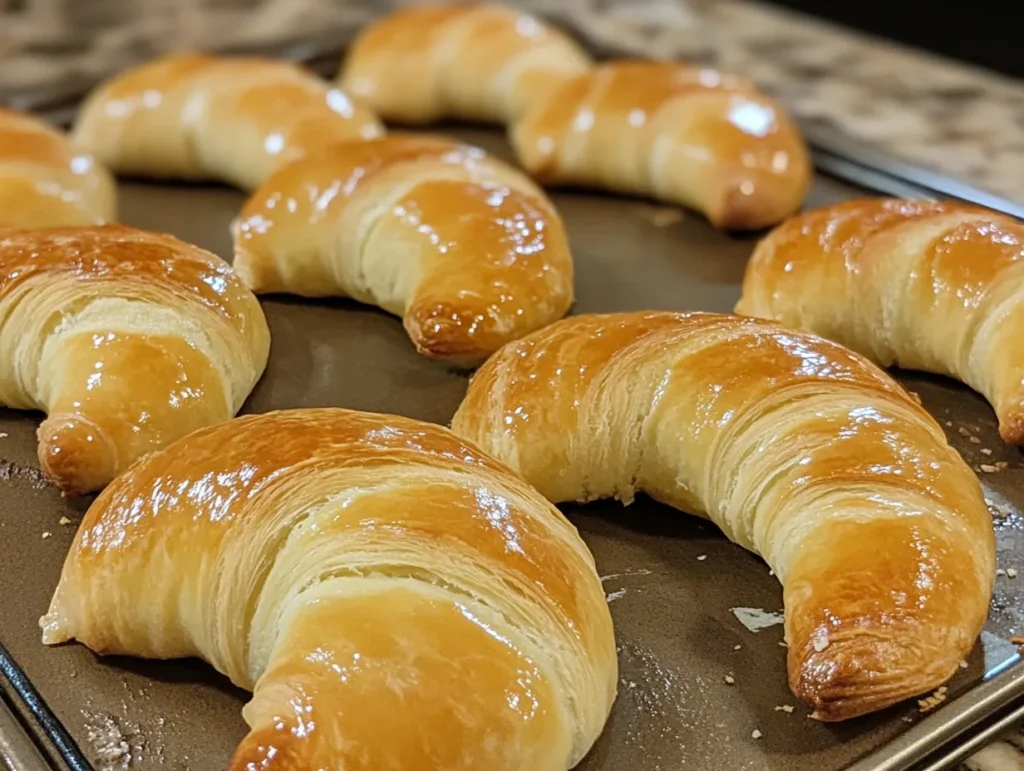 Golden-brown, freshly baked Nussgipfel pastries with a flaky texture, arranged on a baking tray