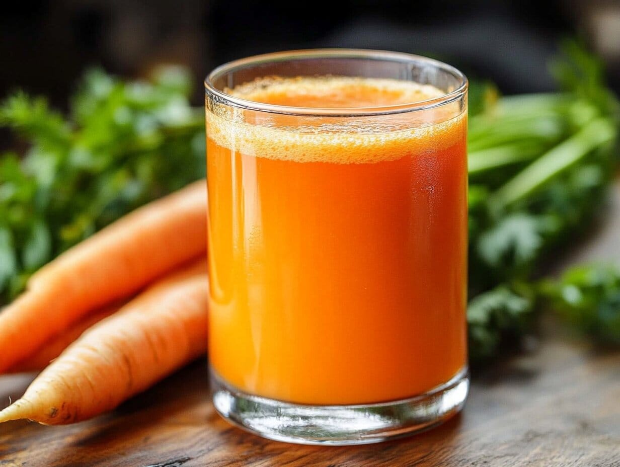 The Ultimate Guide to Carrot Juice Recipe 1 A glass of rich orange carrot juice on a wooden table, surrounded by fresh carrots and leafy greens for a natural and healthy drink.