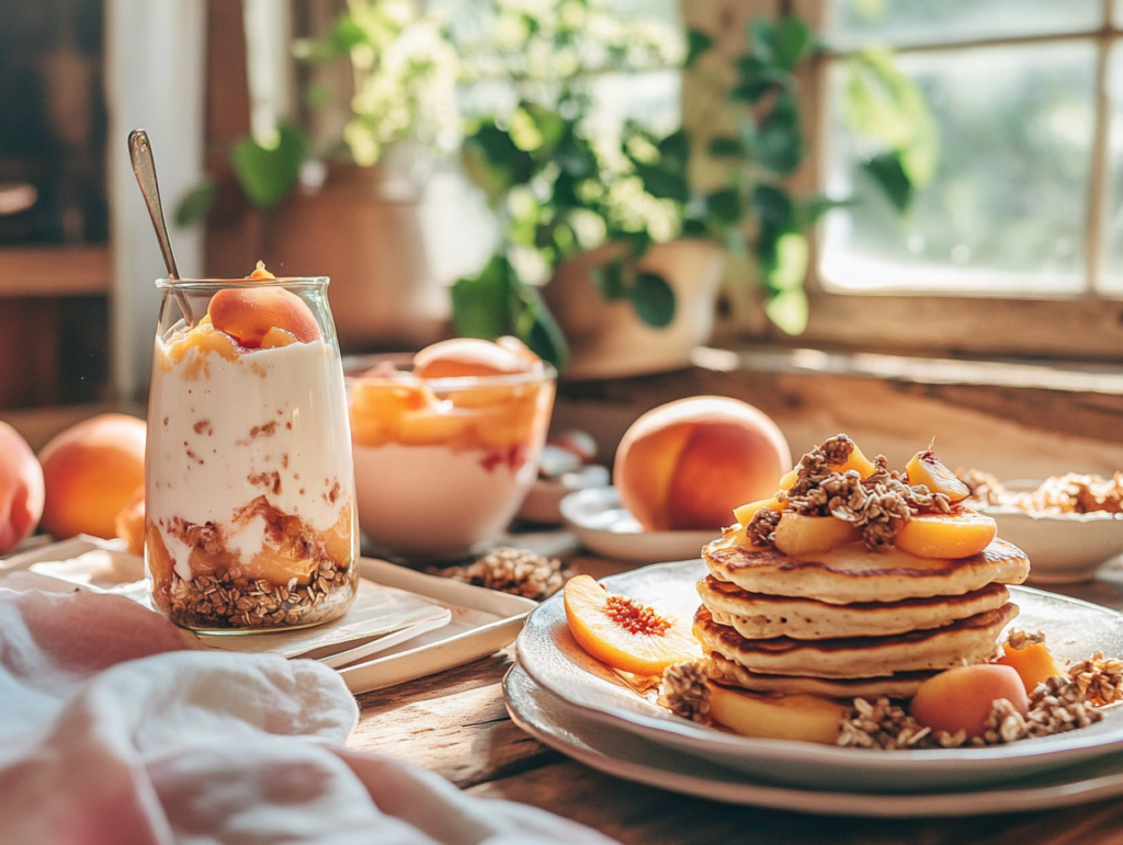 A vibrant breakfast table with peach pancakes, a parfait, and a peach smoothie, surrounded by fresh peaches and natural morning light.