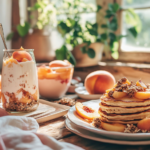 A vibrant breakfast table with peach pancakes, a parfait, and a peach smoothie, surrounded by fresh peaches and natural morning light.