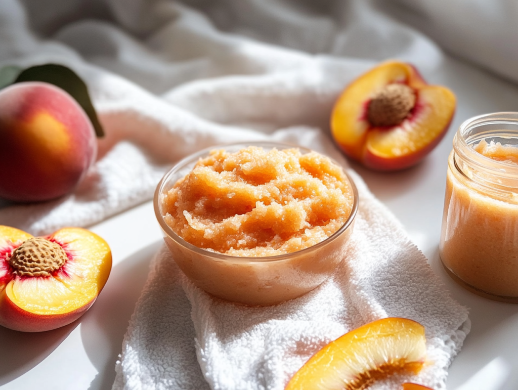 A peach-based DIY skincare setup with a peach face mask, peach scrub, and fresh peach slices on a spa towel.