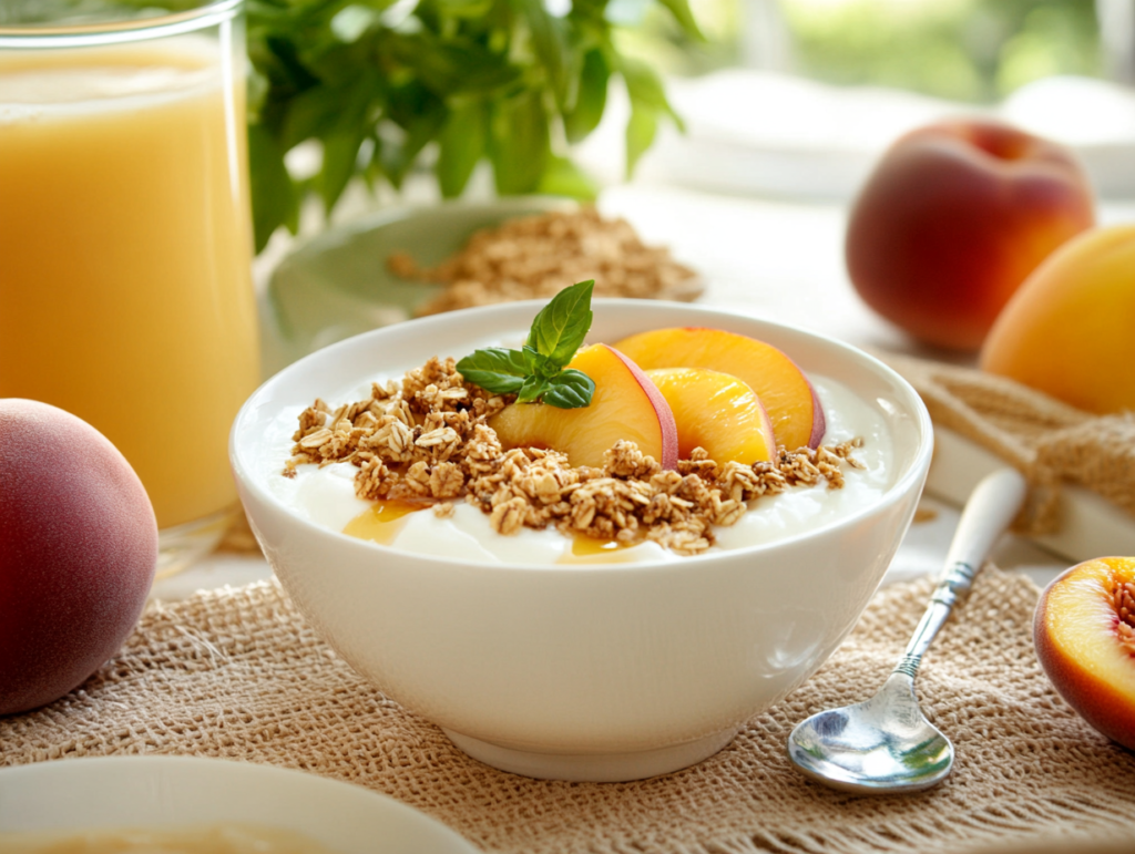 A delicious breakfast spread with a bowl of yogurt topped with peach slices, granola, and honey, alongside a whole peach, orange juice, and coffee.