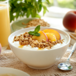 A delicious breakfast spread with a bowl of yogurt topped with peach slices, granola, and honey, alongside a whole peach, orange juice, and coffee.