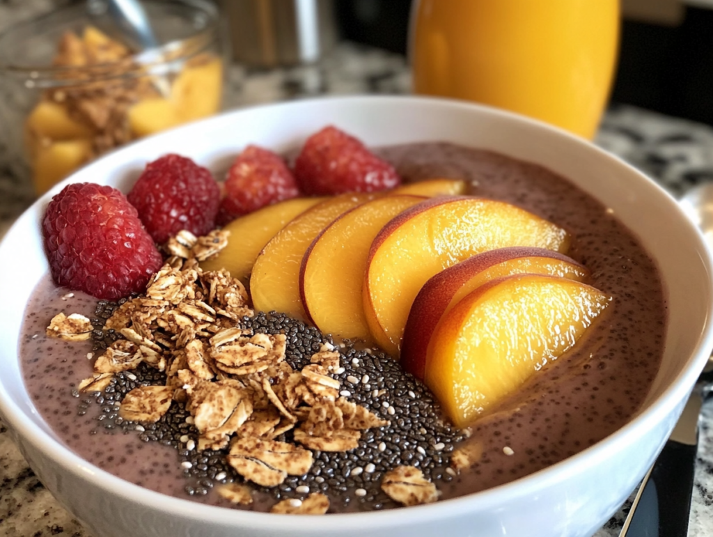 A smoothie bowl topped with peach slices, chia seeds, and granola surrounded by a vibrant breakfast spread.