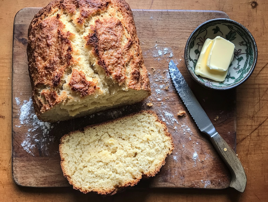 A golden-brown loaf of gluten-free bread, sliced to reveal a soft interior, with butter on the side.