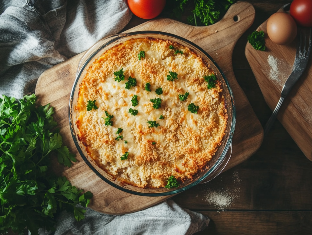 Golden baked chicken casserole fresh out of the oven with a crispy topping and steam rising