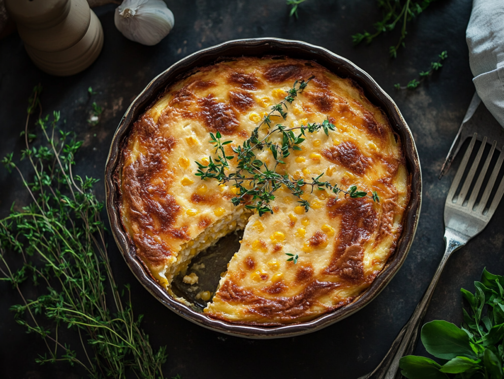 A perfectly baked corn casserole with a golden, crispy top and firm, moist interior, served in a ceramic dish with fresh herbs.