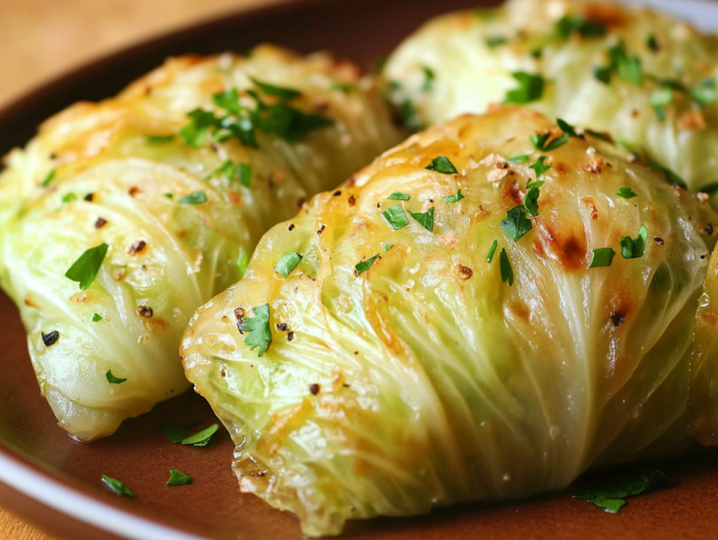 Golden, roasted cabbage rolls garnished with fresh herbs and pepper, served on a brown plate.