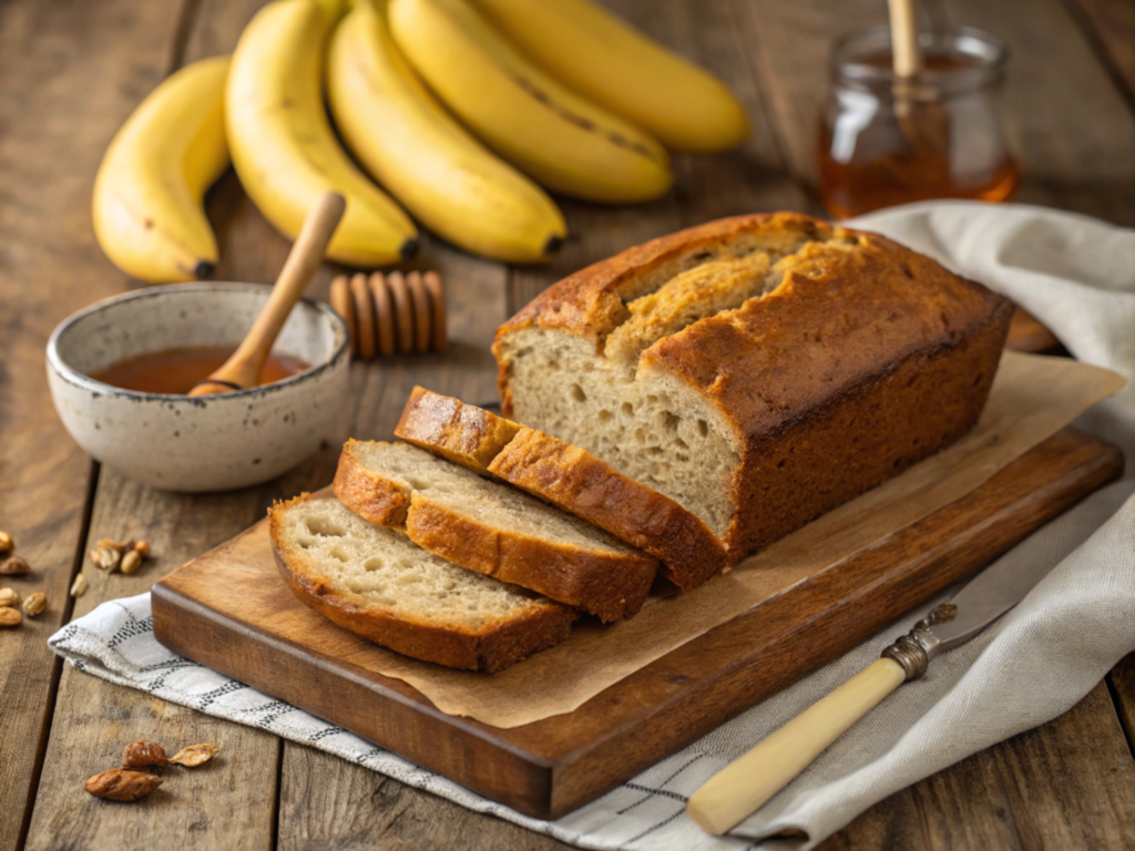 A moist, sliced gluten-free banana bread on a wooden table, surrounded by bananas and a bowl of honey.