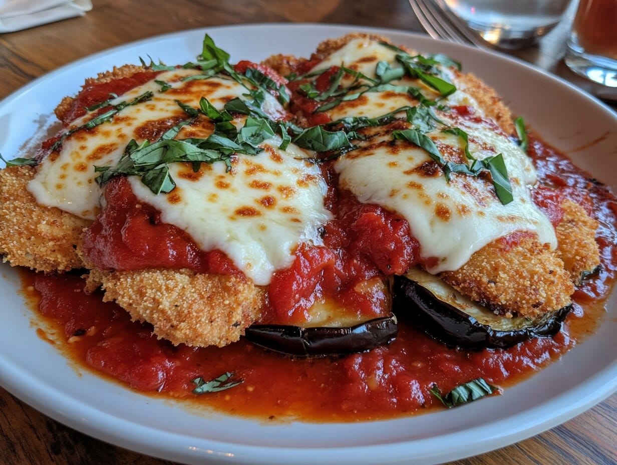 Crispy, Cheesy, Comfort: The Chicken Eggplant Parmesan You’ll Crave Every Week 2 A delicious plate of chicken eggplant parmesan with crispy layers of chicken and eggplant, rich marinara sauce, and melted cheese garnished with fresh basil.