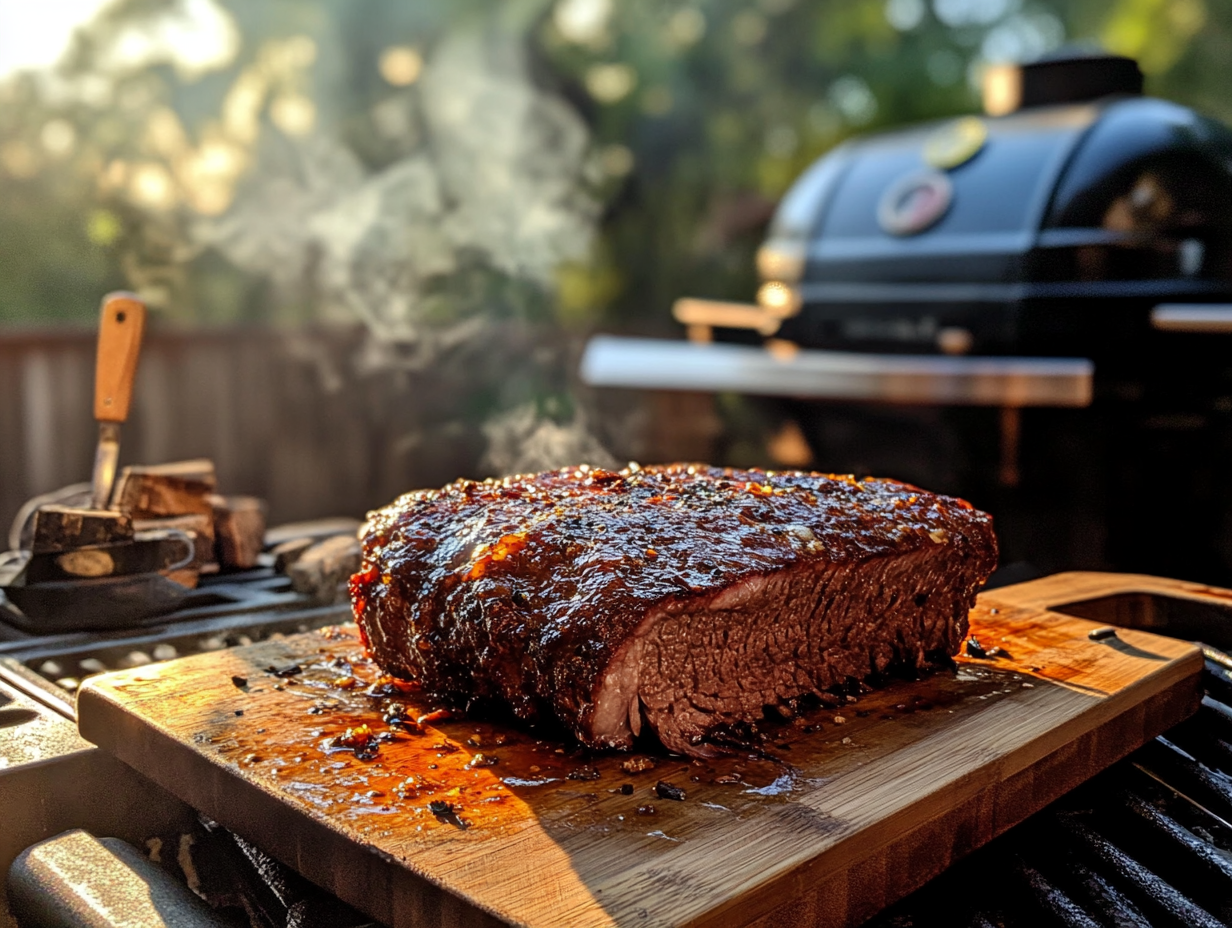 Smoked brisket with a caramelized crust on a wooden board, grilling tools, and wood chips in a rustic barbecue setting