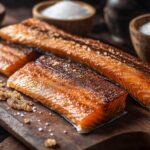 Close-up of smoked fish on a wooden board with bowls of salt and brown sugar, surrounded by a smoky rustic kitchen atmosphere