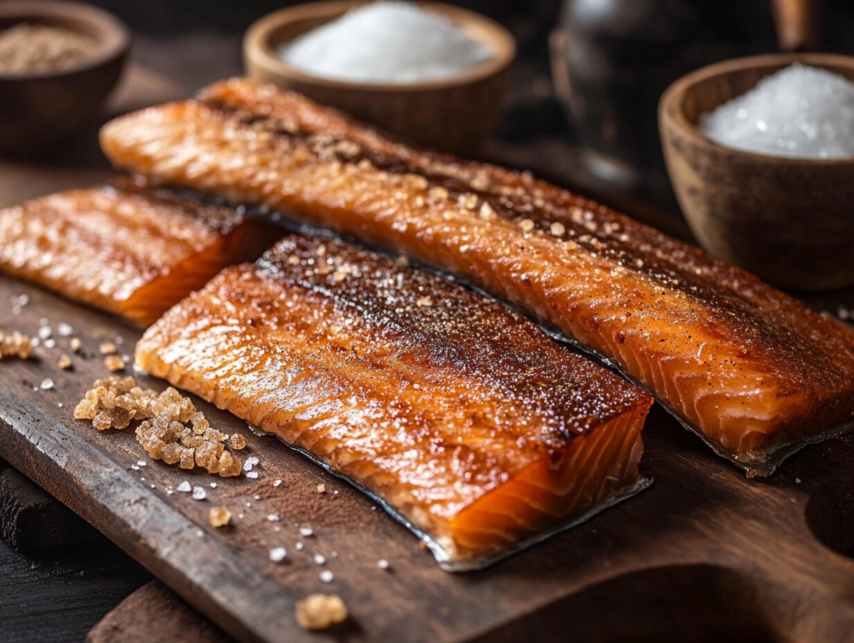 Close-up of smoked fish on a wooden board with bowls of salt and brown sugar, surrounded by a smoky rustic kitchen atmosphere