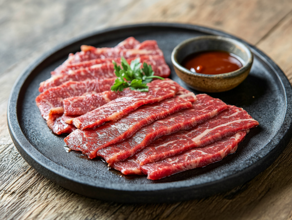 A plate of tender, juicy smoked beef slices with a side of BBQ sauce, garnished with fresh herbs.