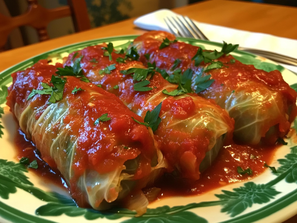 A plate of soft and tender stuffed cabbage rolls with tomato sauce and parsley garnish.