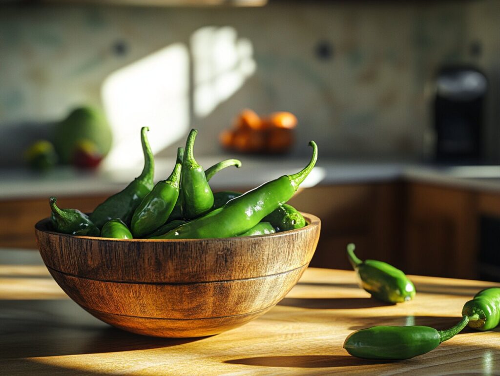 A bowl of fresh green serrano peppers with a few scattered on a wooden kitchen counter.