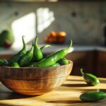 A bowl of fresh green serrano peppers with a few scattered on a wooden kitchen counter.