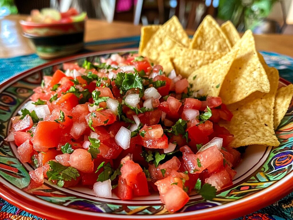 A plate of fresh pico de gallo made with diced serrano peppers, tomatoes, onions, and cilantro, served with tortilla chips.