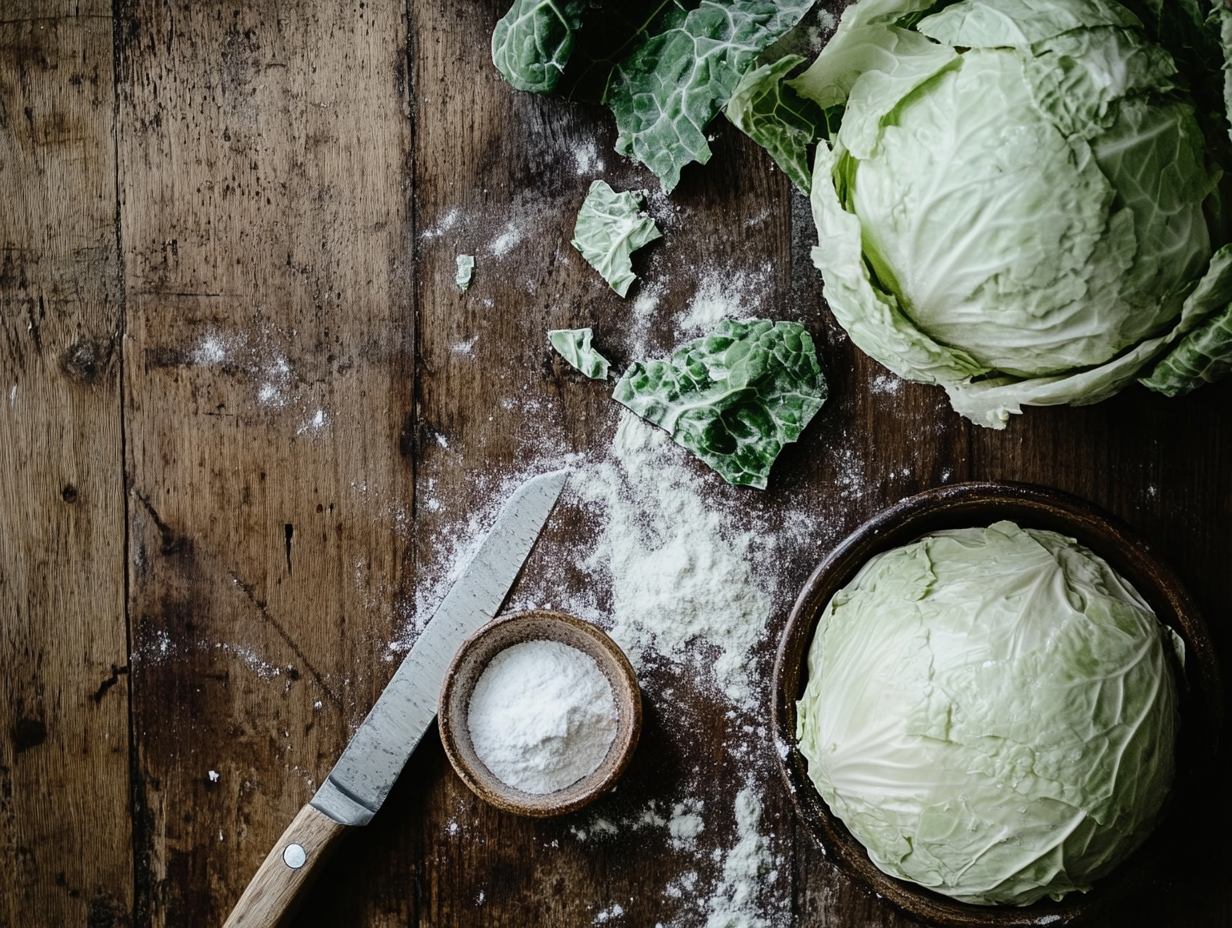 Fresh cabbage being sliced on a wooden cutting board with a dish of baking soda nearby.