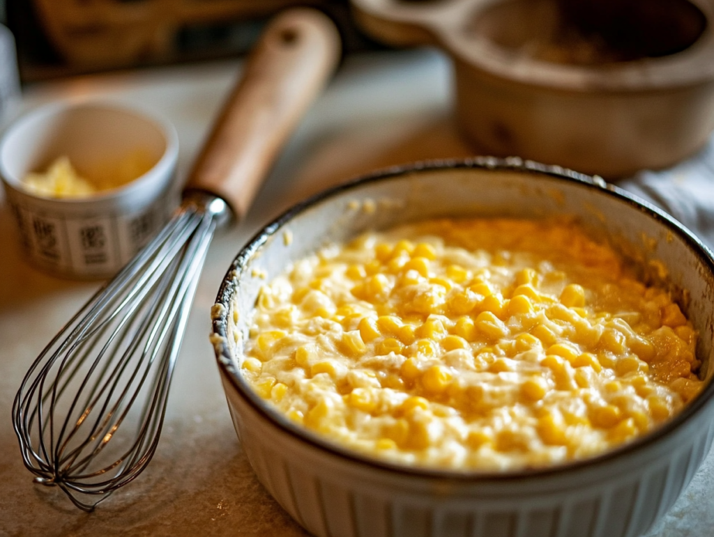 Corn casserole batter with fresh ingredients like corn, eggs, sour cream, and a whisk on a kitchen countertop.