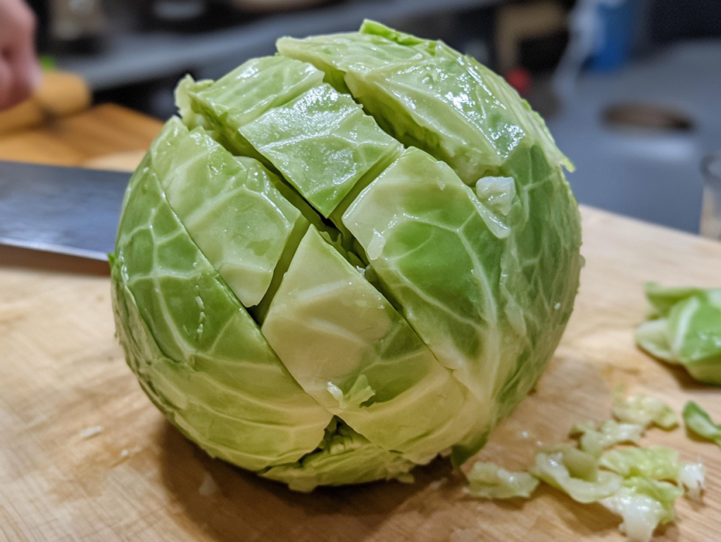 A close-up of green cabbage with its core being removed on a cutting board.