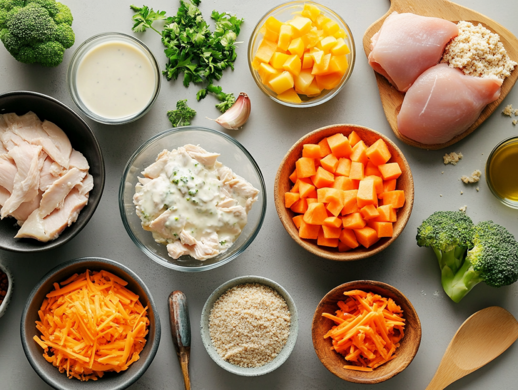 Chicken casserole ingredients, including chicken, vegetables, cheese, breadcrumbs, and sauce, ready to be prepared