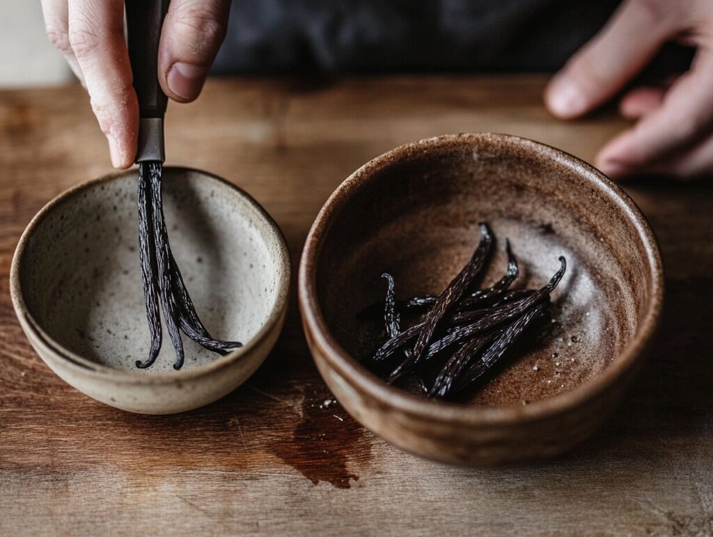 Close-up of vanilla beans being split and seeds scraped into a bowl for making vanilla paste.