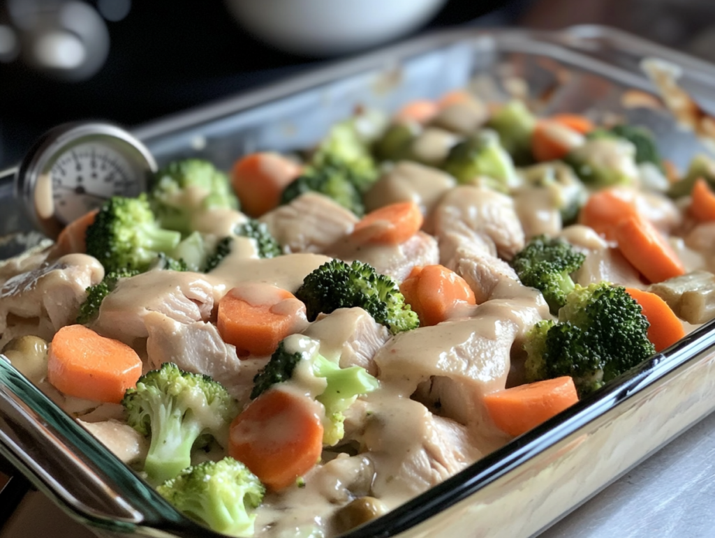 Raw chicken layered with vegetables and sauce in a glass casserole dish, with a food thermometer nearby for precise cooking.