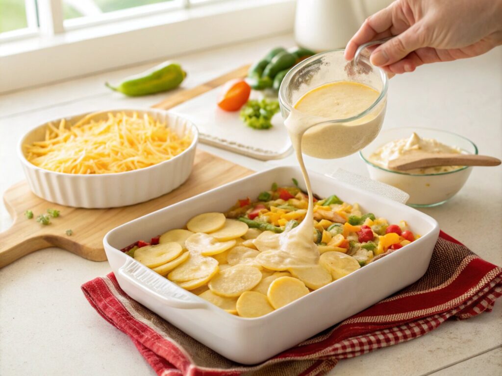 Step-by-step layering of sliced potatoes, vibrant vegetables, shredded cheese, and creamy sauce in a baking dish, with a hand pouring sauce in a cozy kitchen setting