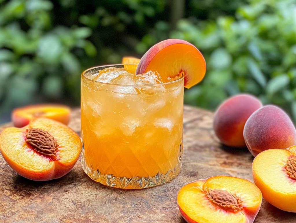 Peach bellini cocktail garnished with a peach slice, surrounded by fresh peach slices and sparkling wine.