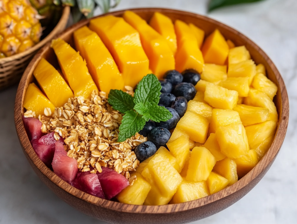 A colorful tropical fruit bowl with mango, papaya, pineapple, and passion fruit.