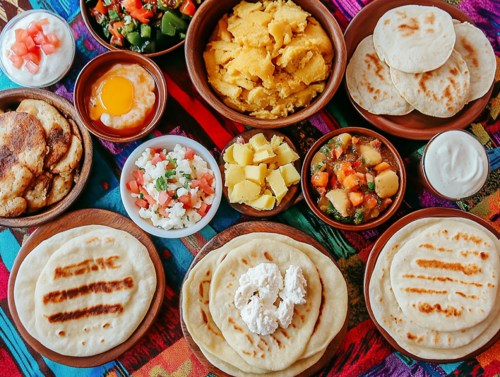 A colorful spread featuring Colombian and Venezuelan arepas with savory and sweet breakfast toppings on a Latin-inspired tablecloth.