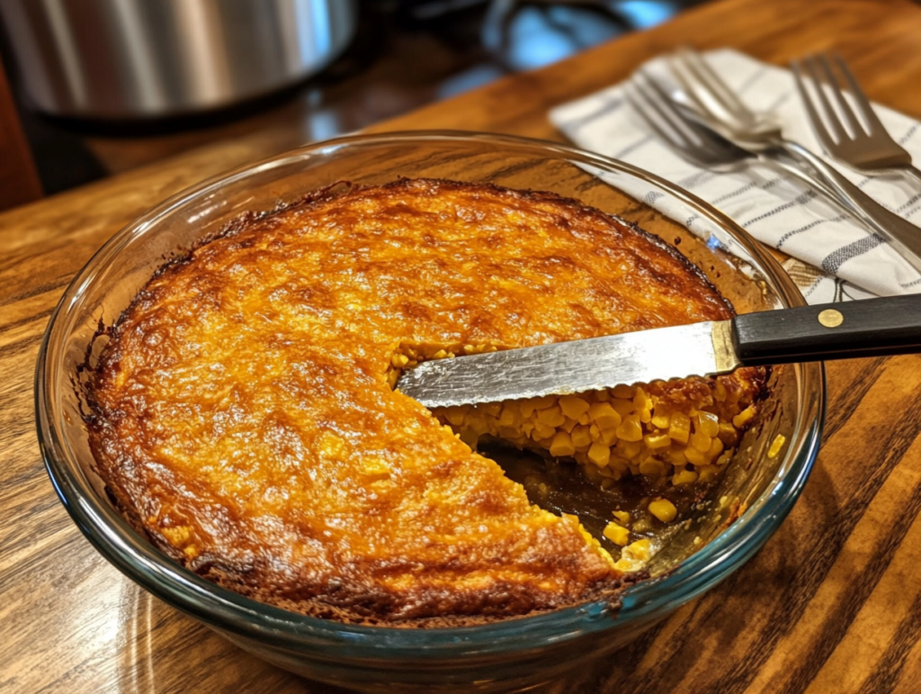 A freshly baked corn casserole showing golden edges but a runny, undercooked center with a knife inserted in the middle