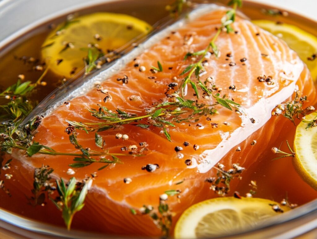 Salmon fillet soaking in a flavorful brine with herbs and lemon slices