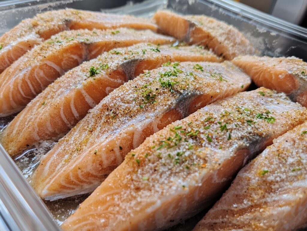 Salmon fillets coated with a dry brine mixture on a tray in the refrigerator.