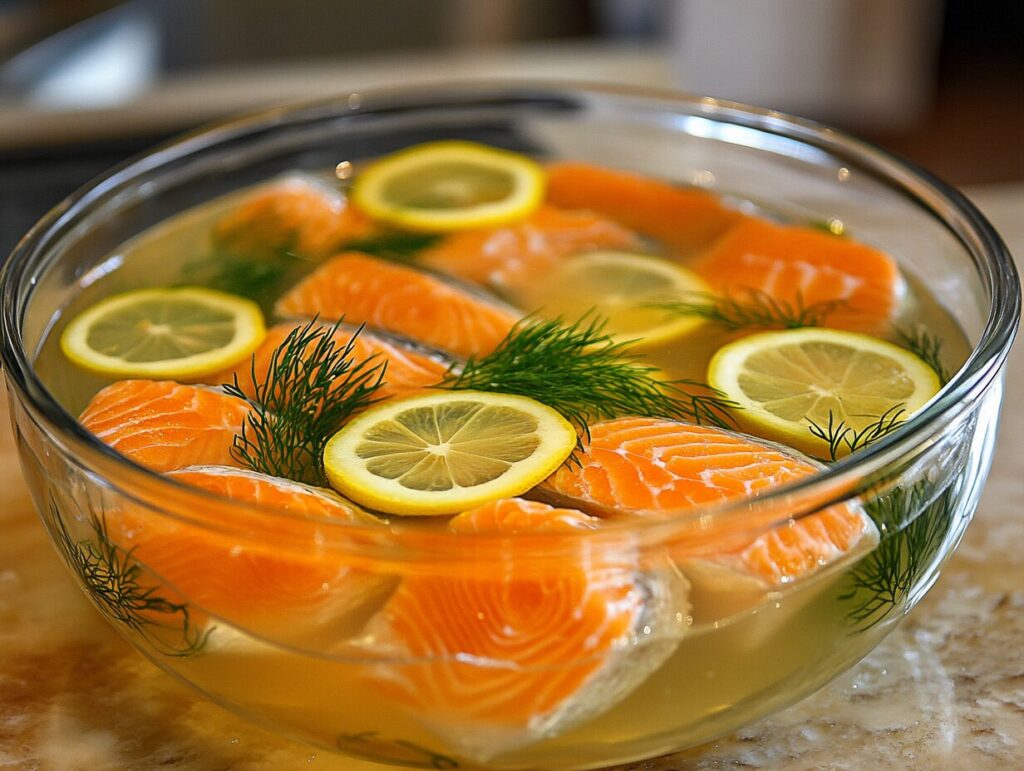 Salmon fillets soaking in a wet brine solution with lemon slices and dill for added flavor.