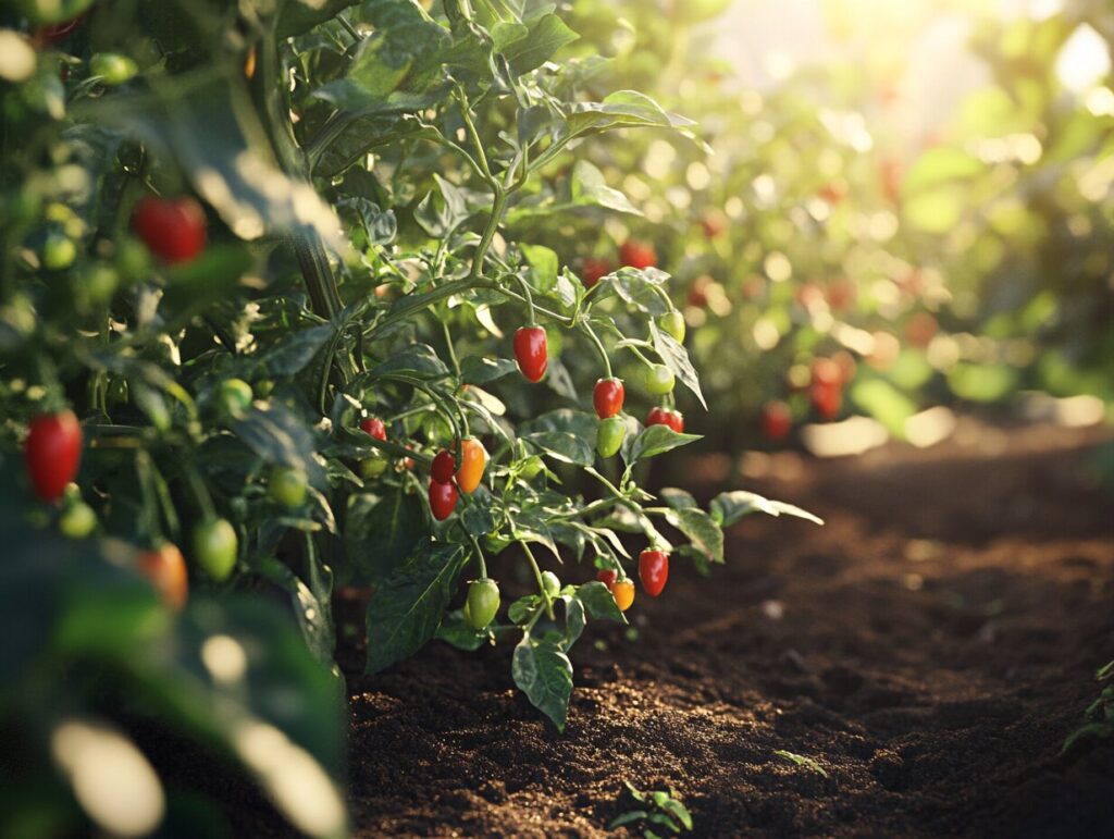 Serrano pepper plants in a home garden, with green and red peppers hanging from the branches.