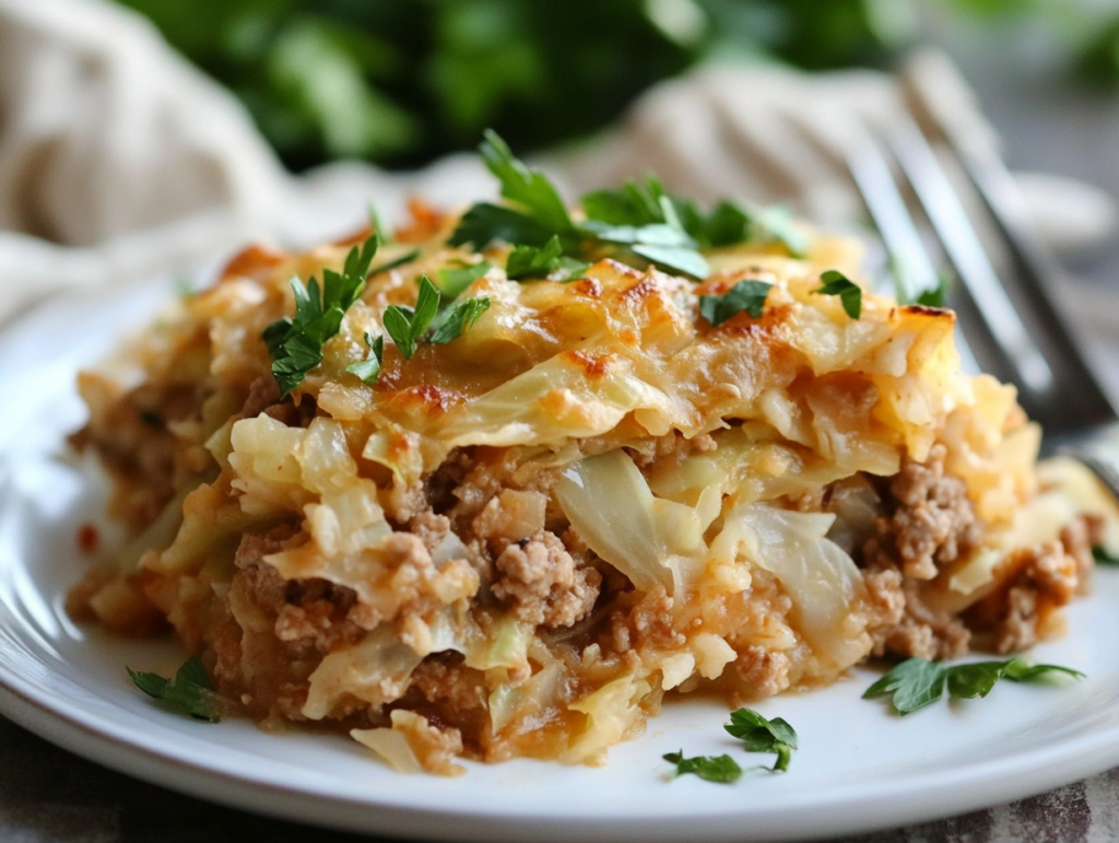 A close-up of turkey cabbage casserole with rice served on a white plate, garnished with parsley, with a fork and napkin in the background.