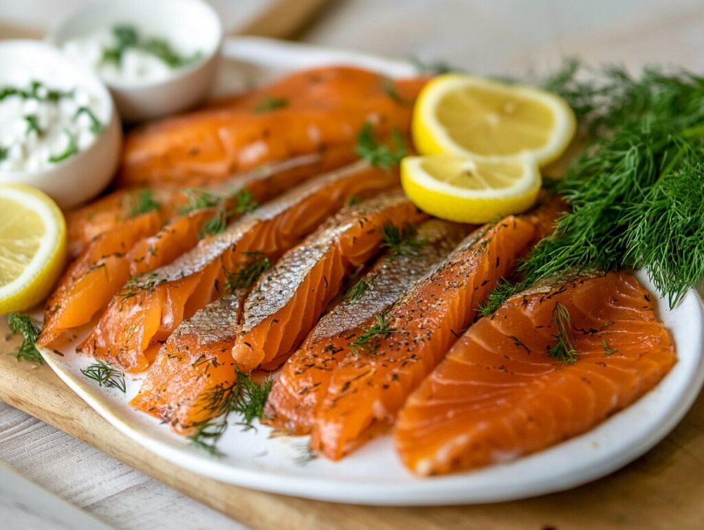 A platter of smoked fish served with lemon wedges, fresh dill, and bread, showcasing a delicious serving idea