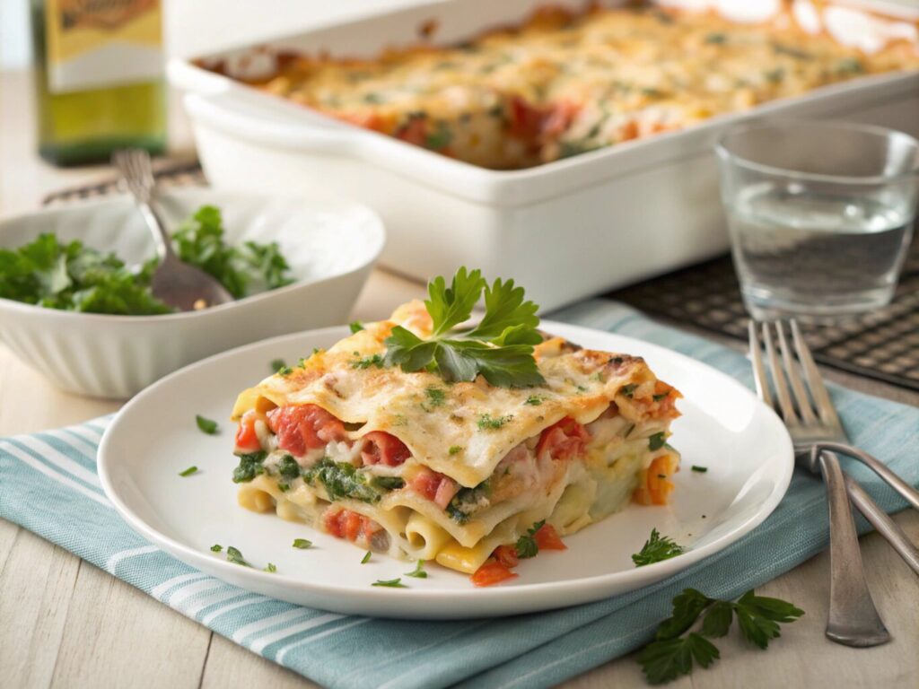 A slice of colorful casserole on a white plate, showing layers of pasta, vegetables, and cheese, garnished with parsley, with the full casserole dish in the background