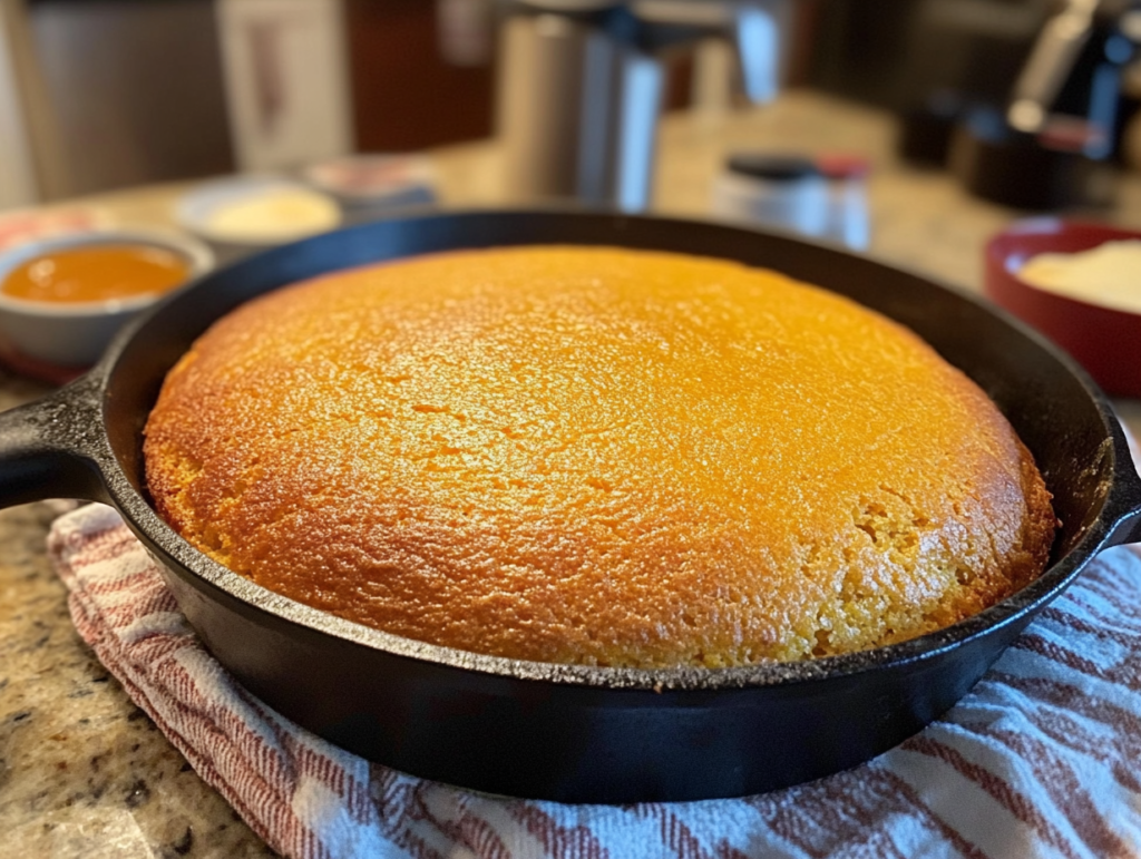 Freshly baked cornbread in a cast-iron skillet, with a knife showing its crumbly texture